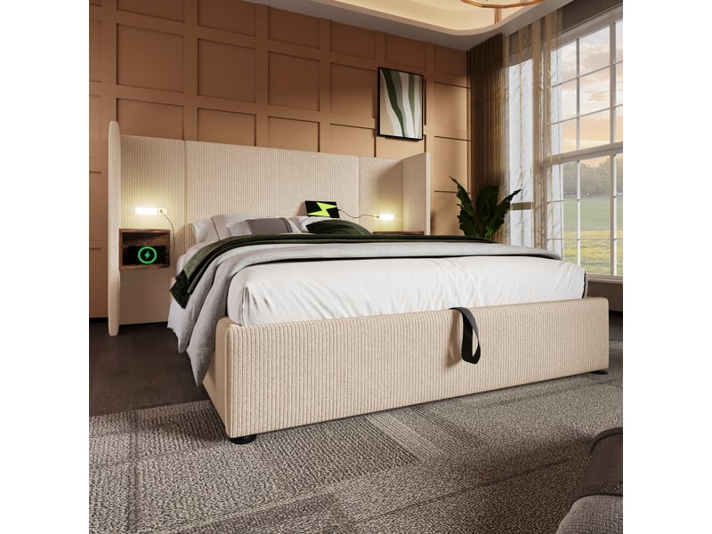  Lit double 180x200 cm corduroy beigeblanc – chevet, lampe lecture, ports usb-c et coffre  - Conforama E