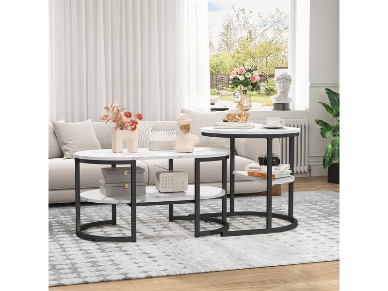  Lot de 2 tables basses gigognes , structure en métal , moderne table d'appoint rondes ,plateau aspect marbre, blanc et noir ,80 x 46 x 41 cm et ø52cm  - Conforama D