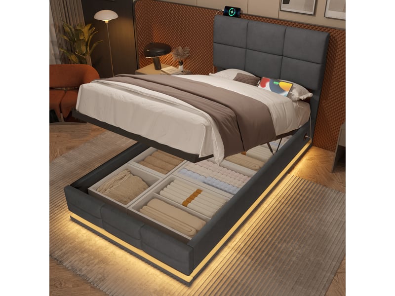  Lit 90x200 cm coffre avec tête réglable et led, velours, gris, sans matelas  - Conforama D