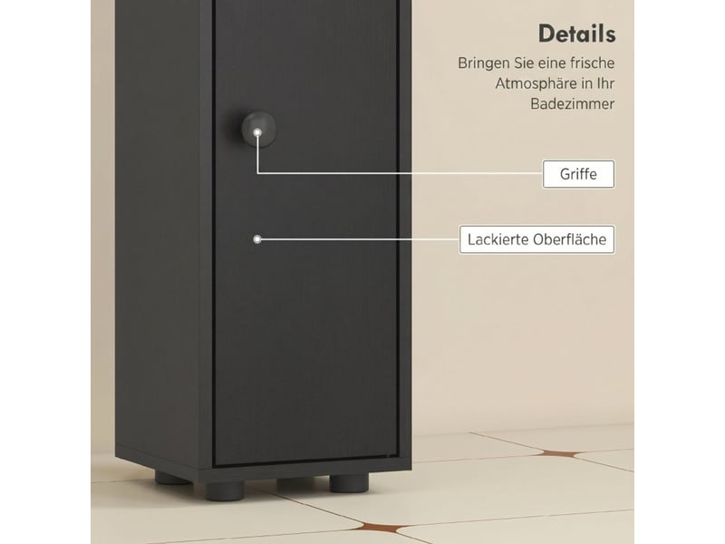  Armoire haute de salle de bain 180 x 20 cm rangement optimisé deux compartiments fermés un tiroir étagères ouvertes réglables panneaux de particules mélaminés noirs fixation murale anti-basculement  - Conforama D