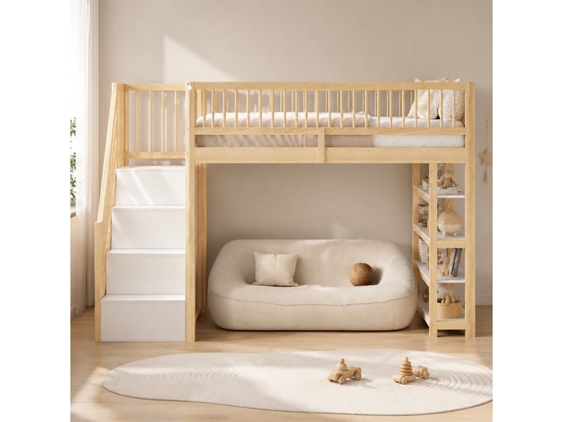 Lit mezzanine 90x200 cm avec armoire et rangements, échelle de sécurité, en bois, couleur bois naturel, sans matelas - Conforama B