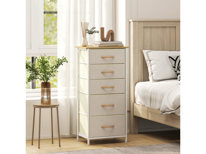  Commode 5 tiroirs en tissu, meuble de rangement avec 4 poches, 2 crochets, structure en acier, 45 x 30 x 94,5 cm, beige  - Conforama B