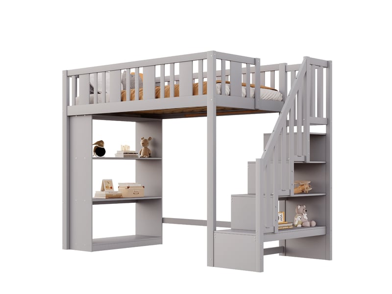  Lit surélevé 90 x 200 cm gris pour enfant, échelle de rangement, grands tiroirs de stockage, sans matelas  - Conforama A