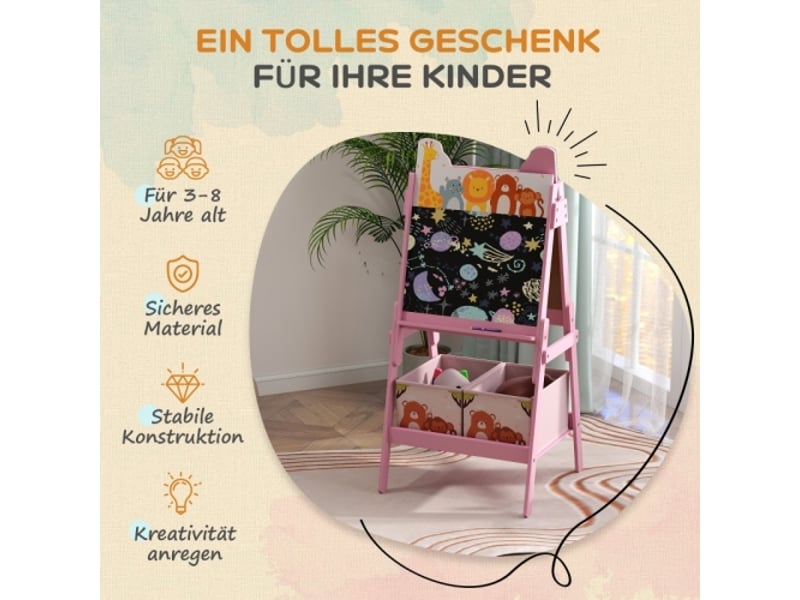  Chevalet enfant 2 en 1 rose, tableau blanc, tableau noir, boîtes de rangement, 3-8 ans  - Conforama B