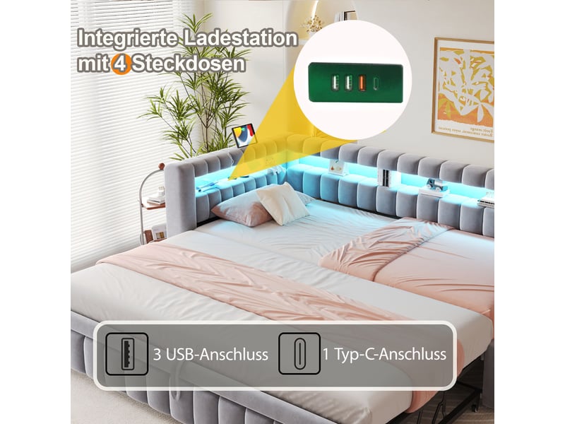  Lit banquette convertible 90x200 cm avec lit gigogne, led, usb et type-c, tête de lit avec rangement, velours gris clair  - Conforama D