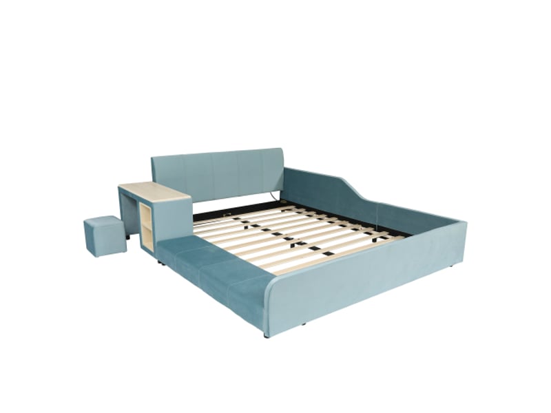  Lit tapissé 140x200 cm – lit simple avec bureau pour enfant, tabouret, étagère et tête de lit douce en velours bleu  - Conforama E
