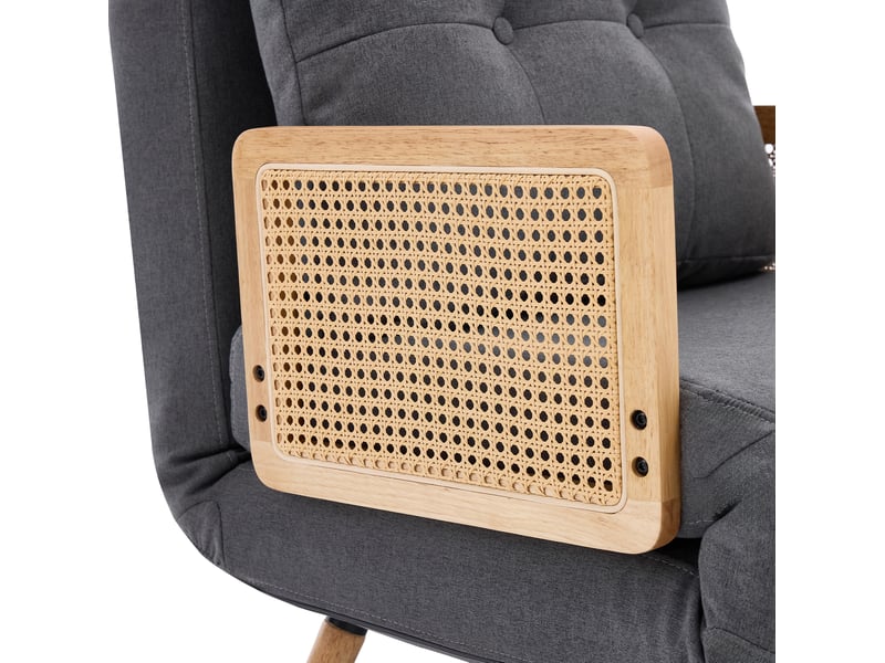  Fauteuil convertible 3 en 1 67x73x86 cm, dossier réglable 5 positions, lit d'appoint, accoudoirs rotin, bois, lin gris  - Conforama E