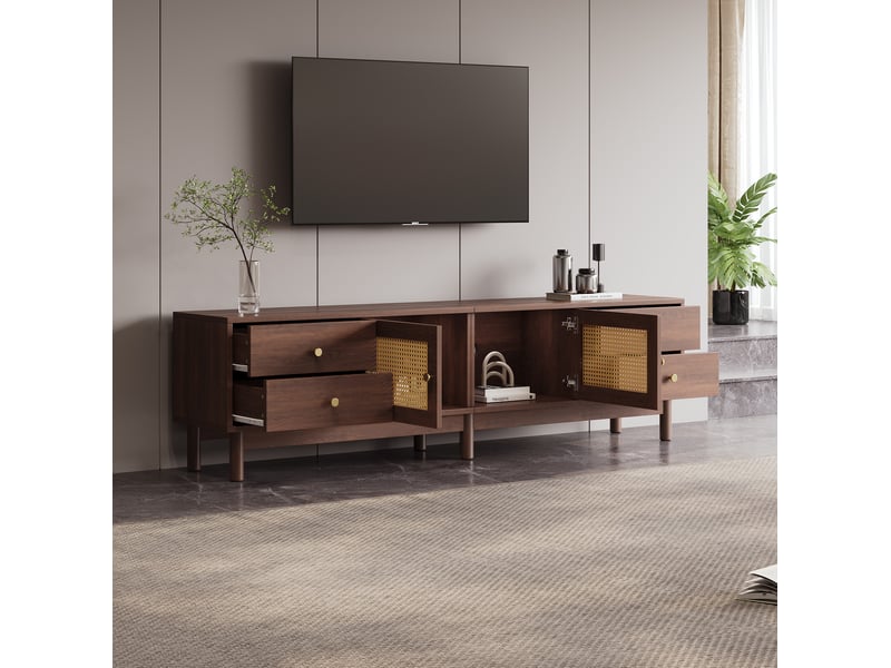  Meuble tv 180x35x44cm avec 4 tiroirs 2 portes rotin passage câbles 80 pouces panneau de particules marron  - Conforama W