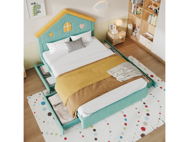  Lit enfant avec rangement 140 x 200 cm bleu vert en velours français, 4 tiroirs et tête de lit maison  - Conforama B