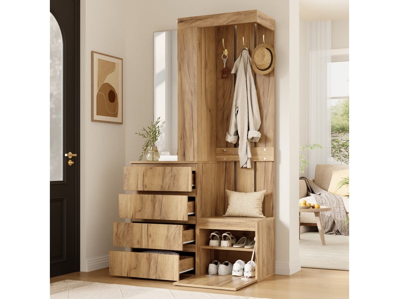  Vestiaire d’entrée avec miroir, 4 tiroirs, 1 porte, naturel, 100 x 35 x 180 cm  - Conforama B