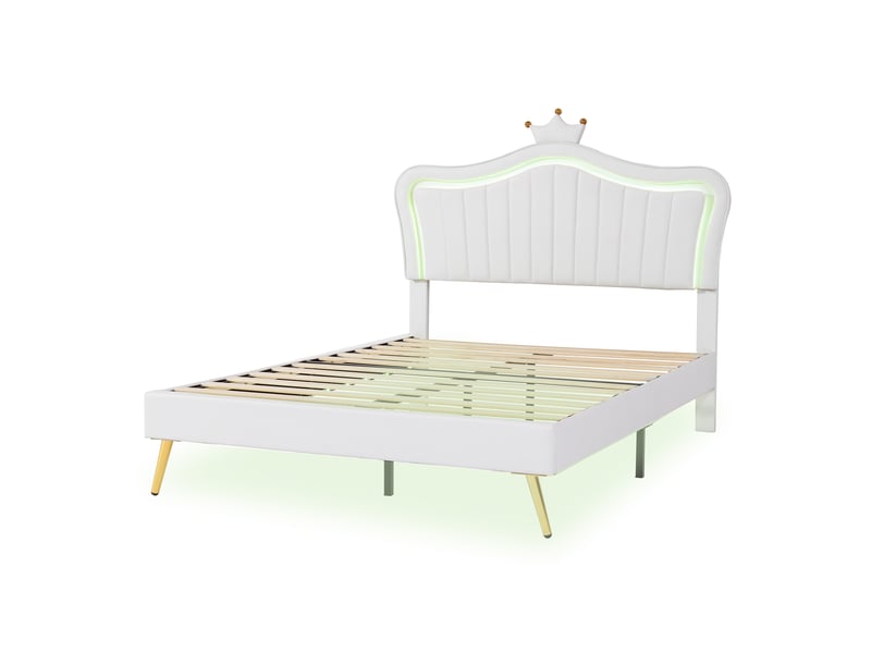  Lit enfant 140 × 200 cm 2 places avec led réglable et tête de lit couronne, sans matelas, rembourré blanc  - Conforama A
