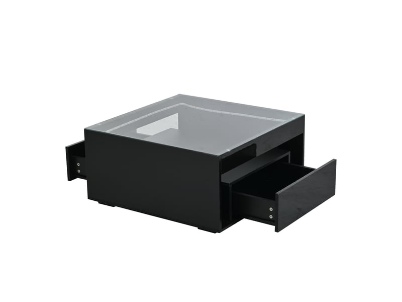  Table basse 70 x 70 x 35 cm, table d'appoint avec 2 tiroirs, console, table basse laquée brillante, table de salon ajourée, bureau et table à manger en verre trempé avec éclairage led, noir  - Conforama D
