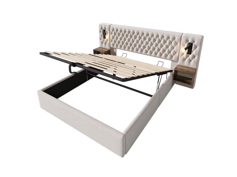  Lit coffre,160x200 cm,avec matelas, 2 chevets, usb et lampes,velours,beige  - Conforama D