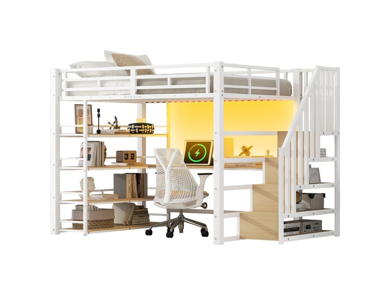  Lit mezzanine 140x200 cm avec escalier, bureau intégré, led et usb blanc  - Conforama A