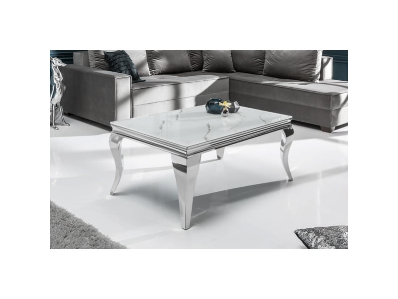  Table basse velena 100 cm effet marbre blanc avec verre trempé – pieds galbés argentés  - Conforama D