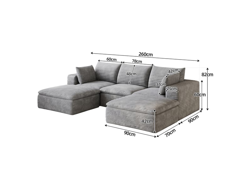  Canapé modulable 5 places 260 cm en tissu velours côtelé gris,  design double couche, coussins déhoussables, sans montage  - Conforama C