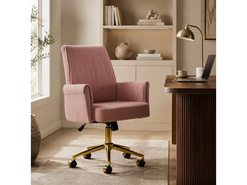 Chaise de bureau réglable en hauteur avec dos moyen, tissu côtelé rose et conception ergonomique  - Conforama D