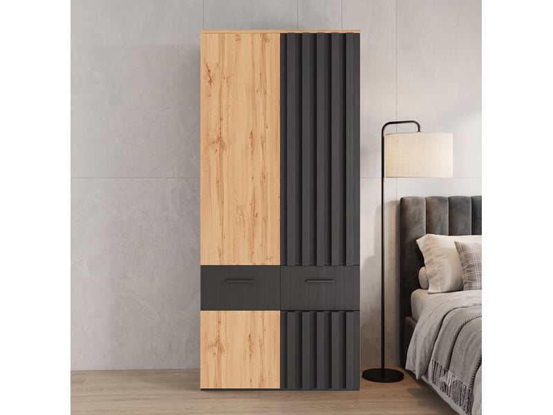  Armoire 2 portes 90 x 50 x 200 cm – noir et naturel – penderie, 2 tiroirs et étagères de rangement  - Conforama B