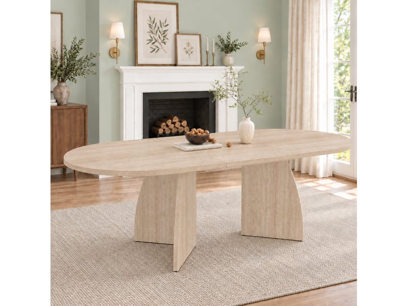  Table extensible pour 6 à 8 personnes avec rallonge centrale, angles arrondis, aspect travertin, pour salle à manger  - Conforama B