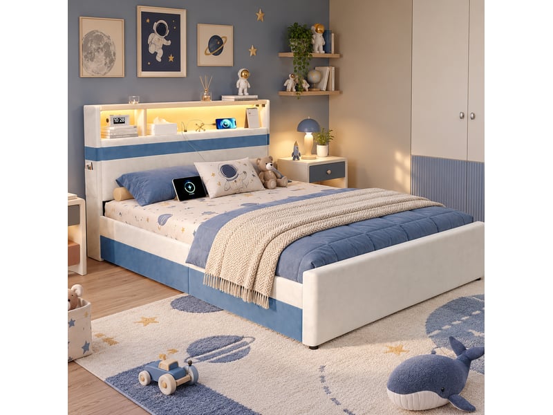  Lit double 140x200 cm, 4 tiroirs, tête de lit led, recharge usb, poches latérales, velours blanc et bleu, sans matelas  - Conforama B