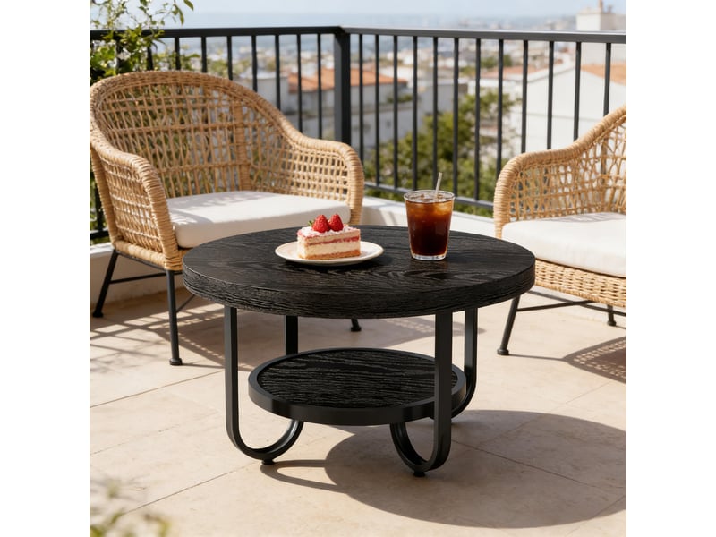  Table basse ronde à 2 niveaux avec tablette inférieure, style industriel, en mdf et métal, noire, pour le salon  - Conforama B