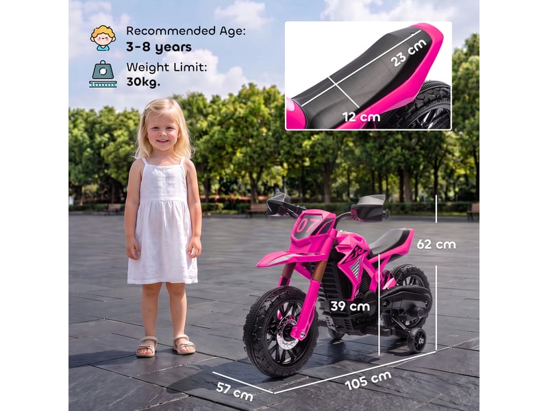  Moto électrique pour enfants, 12 v, avec stabilisateurs, klaxon et bruit de démarrage, 3 kmh, rose  - Conforama E