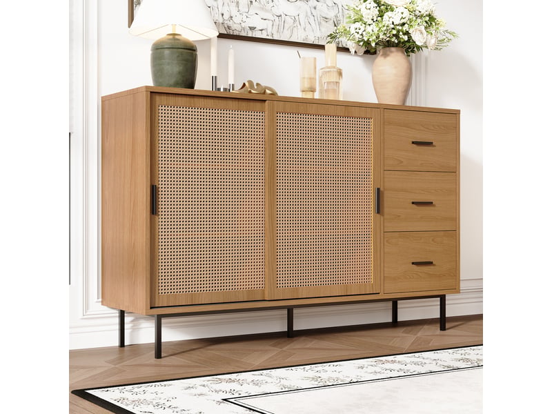  Buffet 2 portes coulissantes et 3 tiroirs, naturel, style campagne, 140 x 37 x 91 cm  - Conforama C