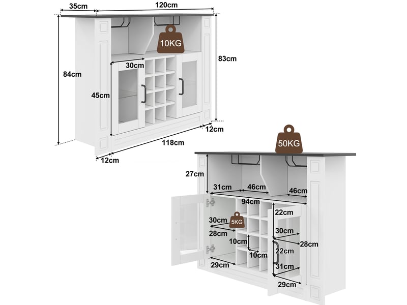  Buffet de cuisine 120x35x84 cm avec led rgb, porte-verres et casier 12 bouteilles blanc  - Conforama C