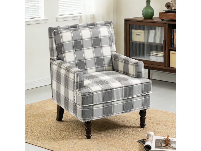  Fauteuil de salon vintage 69x69x89cm - fauteuil cabriolet rembourré en tissu de lin avec finition clous tapissier - gris et blanc  - Conforama B