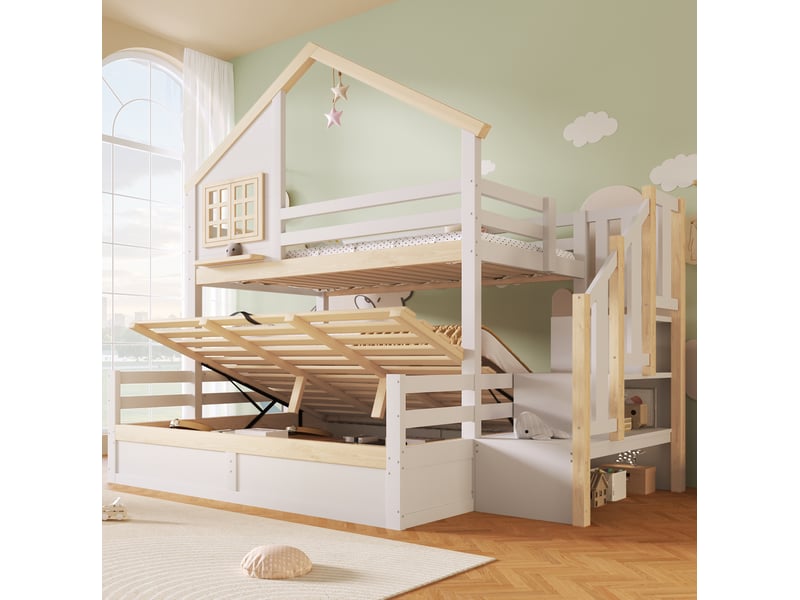 Lit superposé enfant 90x200 et 140x200 cm avec rangements blanc et naturel  - Conforama B