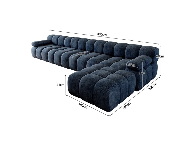  Canapé d'angle en l 400 cm, sans montage, mousse compressée, pour salon, chambre et appartement, bleu  - Conforama E