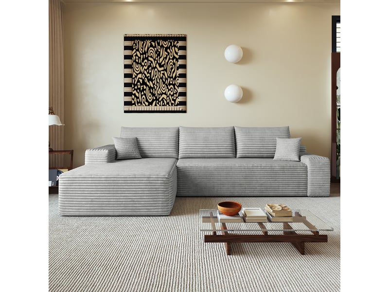 Canapé d’angle modulable 270 cm en velours côtelé, méridienne en l, assise profonde, sans montage, gris IKSETERA TRADING LTD - Conforama B