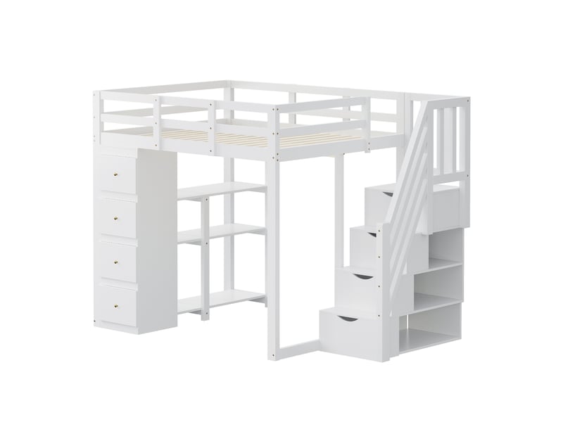  Lit mezzanine 140x200 cm en bois blanc, échelle, commode, tiroirs et étagères de rangement  - Conforama E