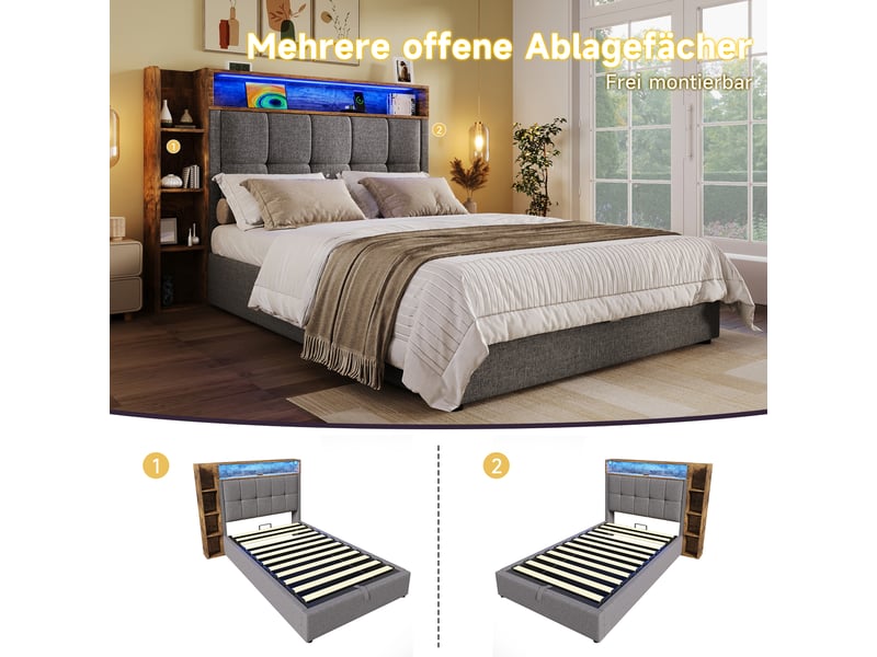  Lit rembourré 90x200 cm sans matelas, lin et mdf, led, usb type-c, rangements, gris pour chambre  - Conforama C