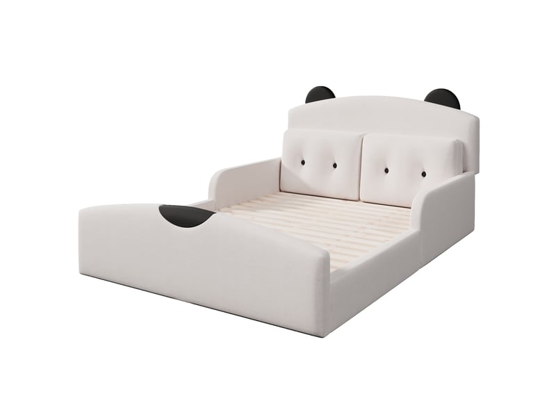  Lit rembourré blanc 140x200 cm en lin, 2 coussins décoratifs inclus, tête de lit en forme d’ours pour chambre d’enfant  - Conforama E