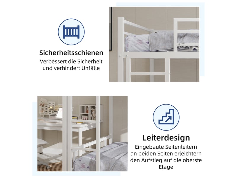 Lit superposé bas - 136cm - garde-corps 33cm - métal robuste - blanc - Conforama D