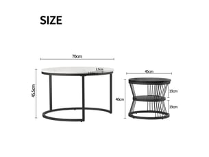 Lot de 2 tables basses rondes 7045cm noir et blanc - design industriel avec plateau effet marbre et étagère de rangement