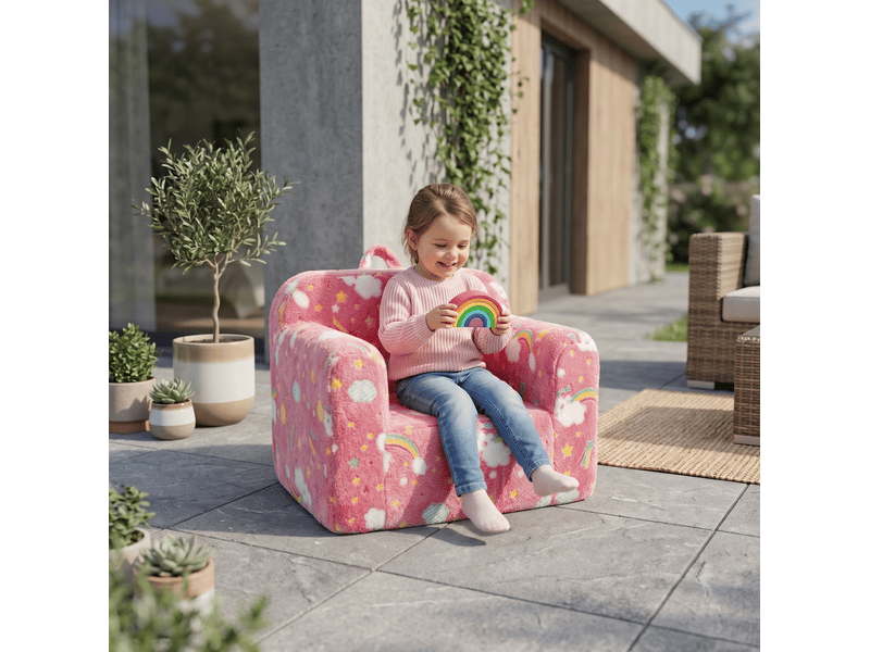  Fauteuil enfant 64 x 49 x 49 cm rose en tissu et mousse, avec accoudoirs, poignée et housse lavable  - Conforama D