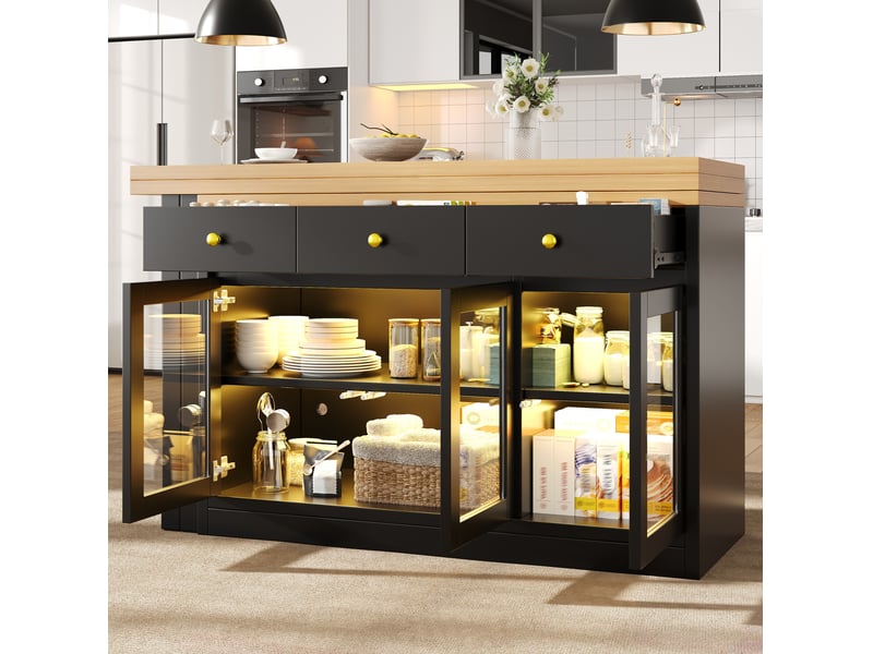 Îlot de cuisine extensible 120 à 200 cm avec éclairage led et 3 tiroirs - Conforama D