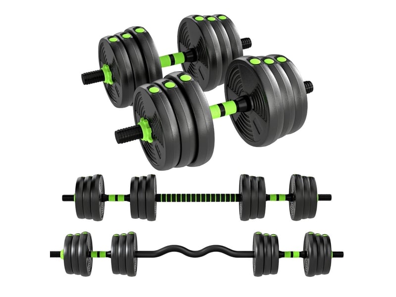  Set d'haltères réglables 25 kg 140 x 22 x 22 cm vert en plastique, 3 en 1 pour musculation avec barres  - Conforama A