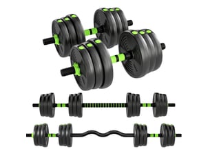 Set d'haltères réglables 25 kg 140 x 22 x 22 cm vert en plastique, 3 en 1 pour musculation avec barres