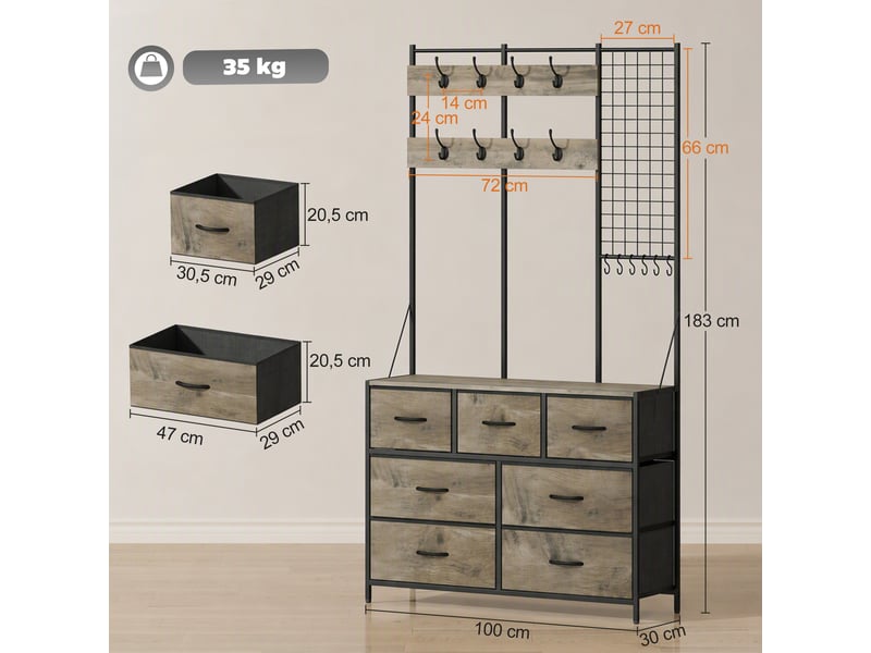 Meuble d'entrée 4 en 1 style industriel multi-rangement métal noir effet bois gris - Conforama C