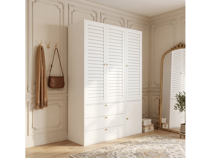 Armoire 3 portes à lamelles, 3 tiroirs, 2 tringles et porte-pantalons pour chambre, blanche, 135 × 50 × 200 cm  - Conforama D