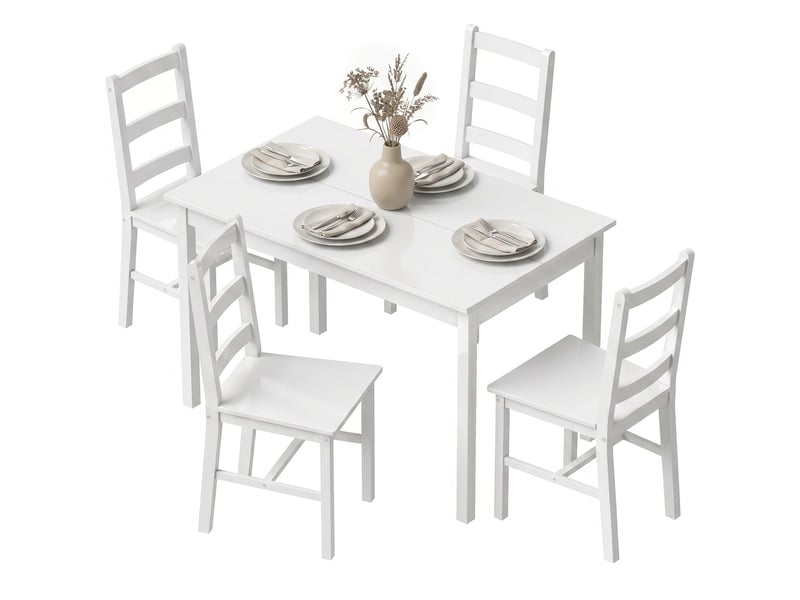  Ensemble de salle à manger 5 pièces pour 4 personnes, table rectangulaire et chaises en bois massif, idéal pour les petits espaces, blanc.  - Conforama B