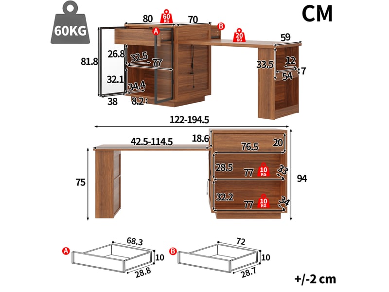  Îlot de cuisine table repas extensible 122-194,5x70x94 cm, rangement, led usb intégré, mdf et métal, marron foncé  - Conforama C