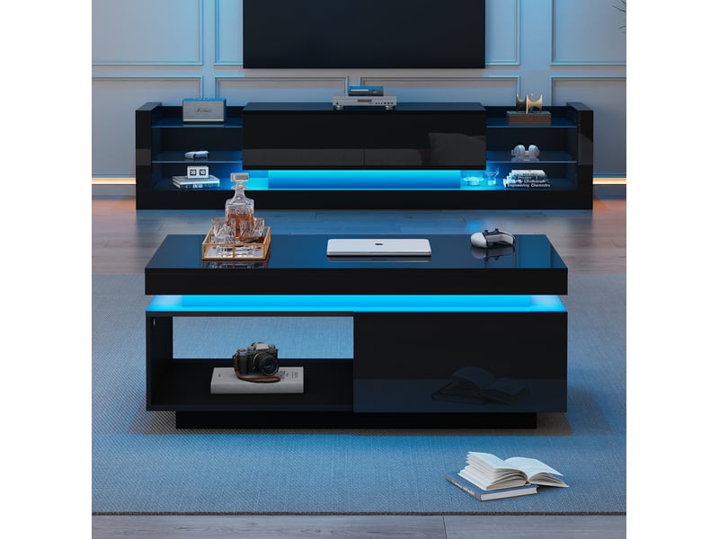  Ensemble meuble tv 181x38x38 cm et table basse 100x50x40 cm, led usb bluetooth, 1 tiroir, panneaux de particules, noir  - Conforama B