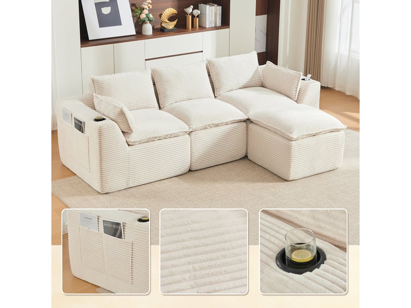 Canapé modulable 3 places 256x161x75 cm avec pouf, porte-gobelet, 2 poches latérales, assise à ressorts, velours côtelé beige Radiant Stride - Conforama E