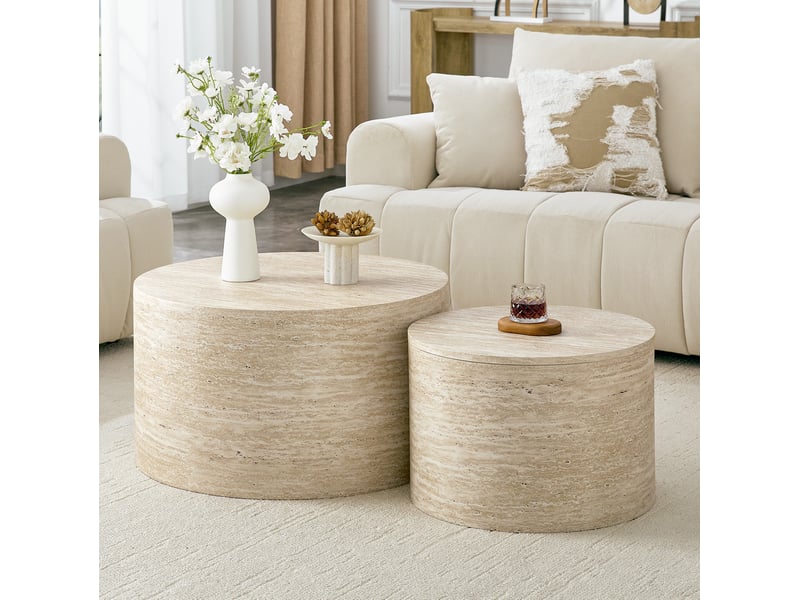  Tables basses gigognes avec espace de rangement et couvercle amovible, rondes, en mdf décor bois, salon  - Conforama B