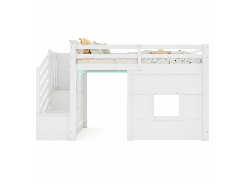 Lit mezzanine enfant 90x200 cm avec escalier, fenêtre et éclairage led blanc - Conforama A