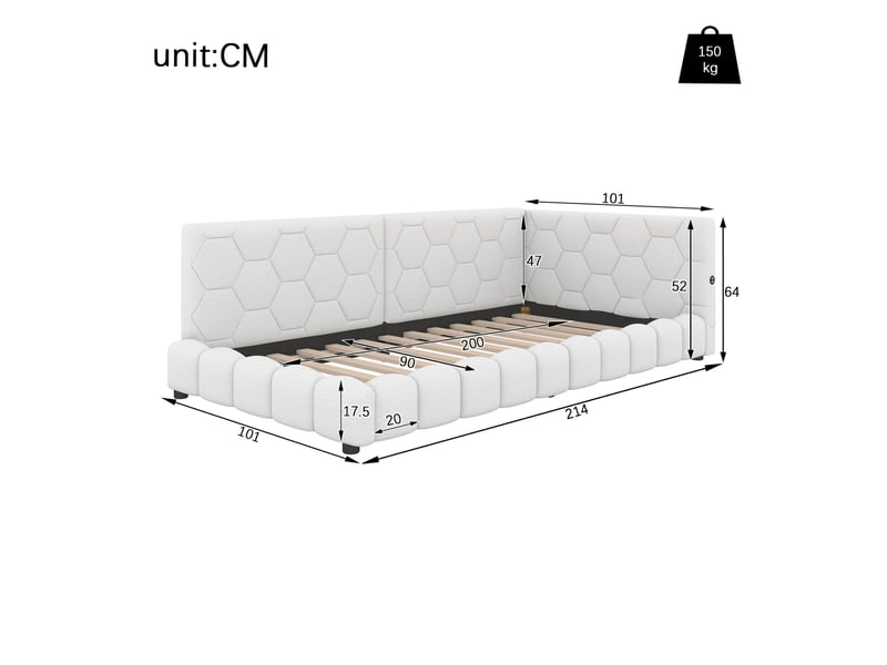 Lit banquette enfant 90x200 cm en velours blanc avec led 16 couleurs, usb et usb-c - Conforama C